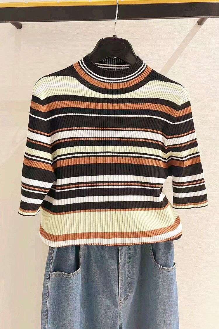 マルチボーダー柄リブ編みハイネックニット ボーダー服