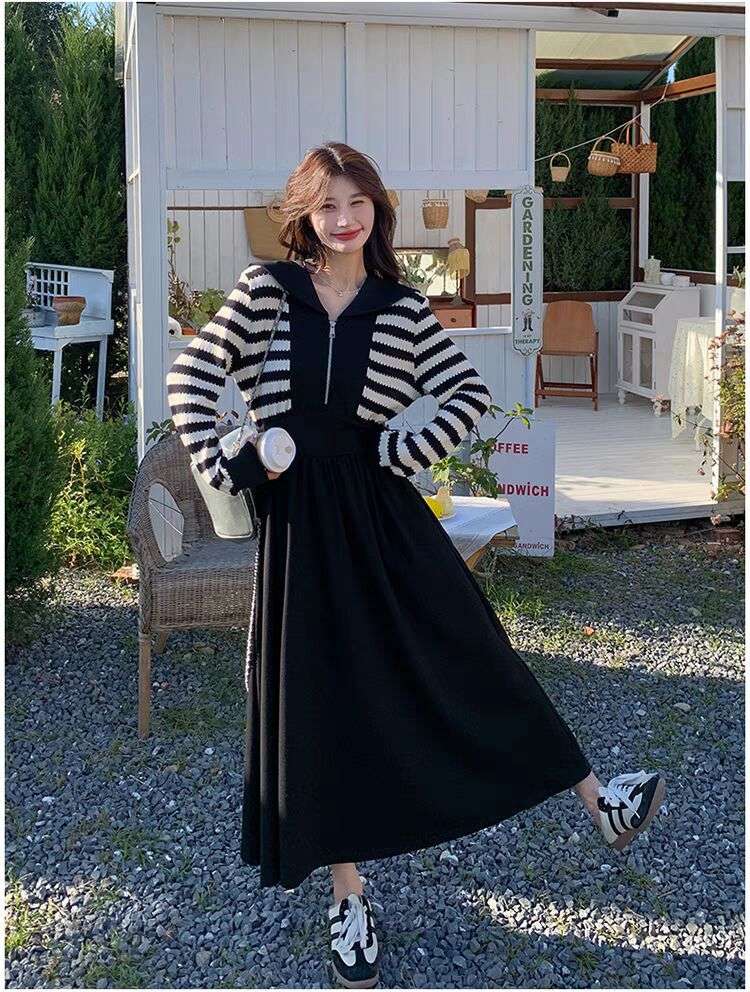 ボーダーニット長袖ジッパーワンピース ボーダー服