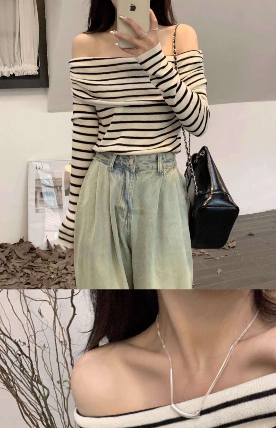 オフショルダーニットボーダーセーター ボーダー服