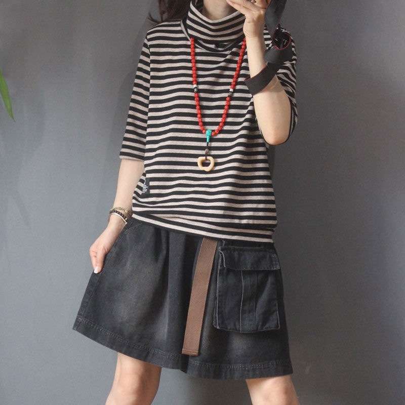 タートルネックボーダーカットソー ボーダー服