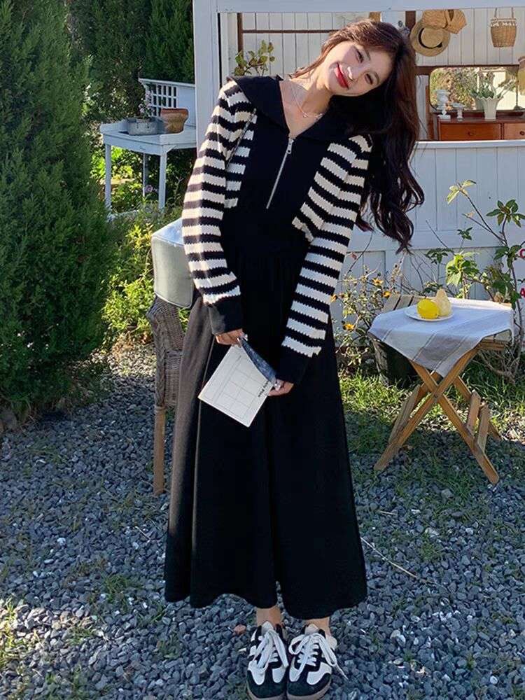 ボーダーニット長袖ジッパーワンピース ボーダー服