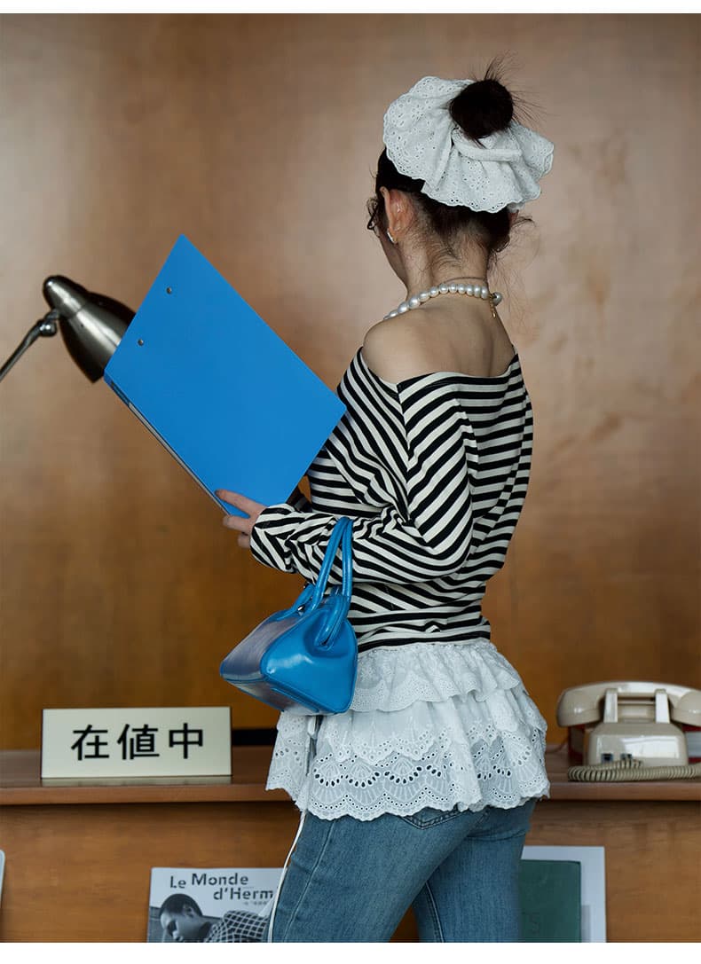 ボーダー服 フリル付きボーダー七分袖カットソー