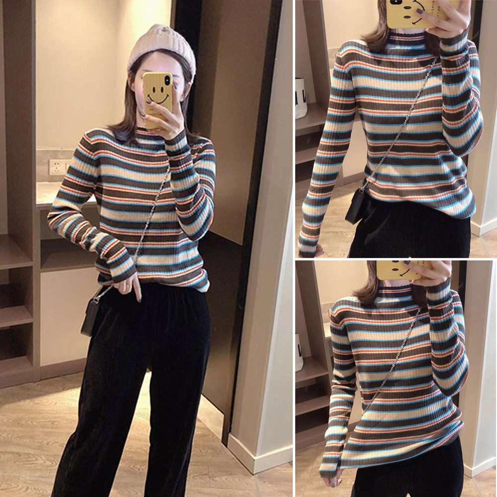 マルチボーダー柄リブニットタートルネック ボーダー服
