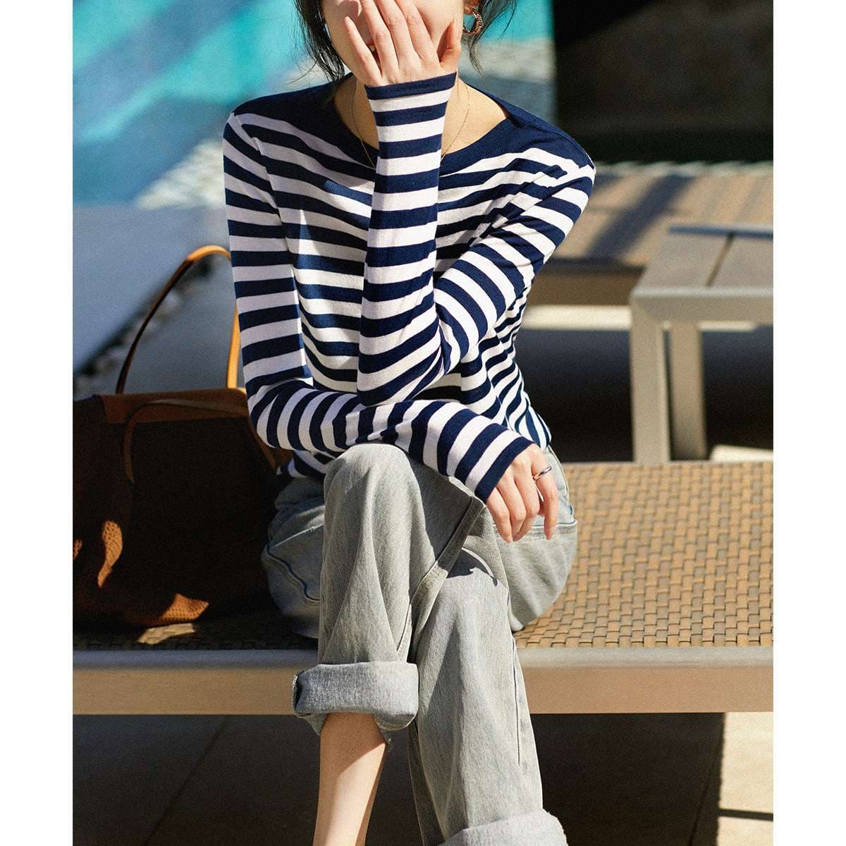 シンプルボーダーリブロングスリーブ ボーダー服