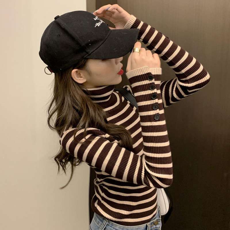 リブ編みボーダータートルネックセーター ボーダー服