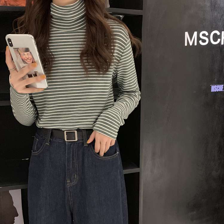 シンプルボーダータートルネック長袖トップス ボーダー服