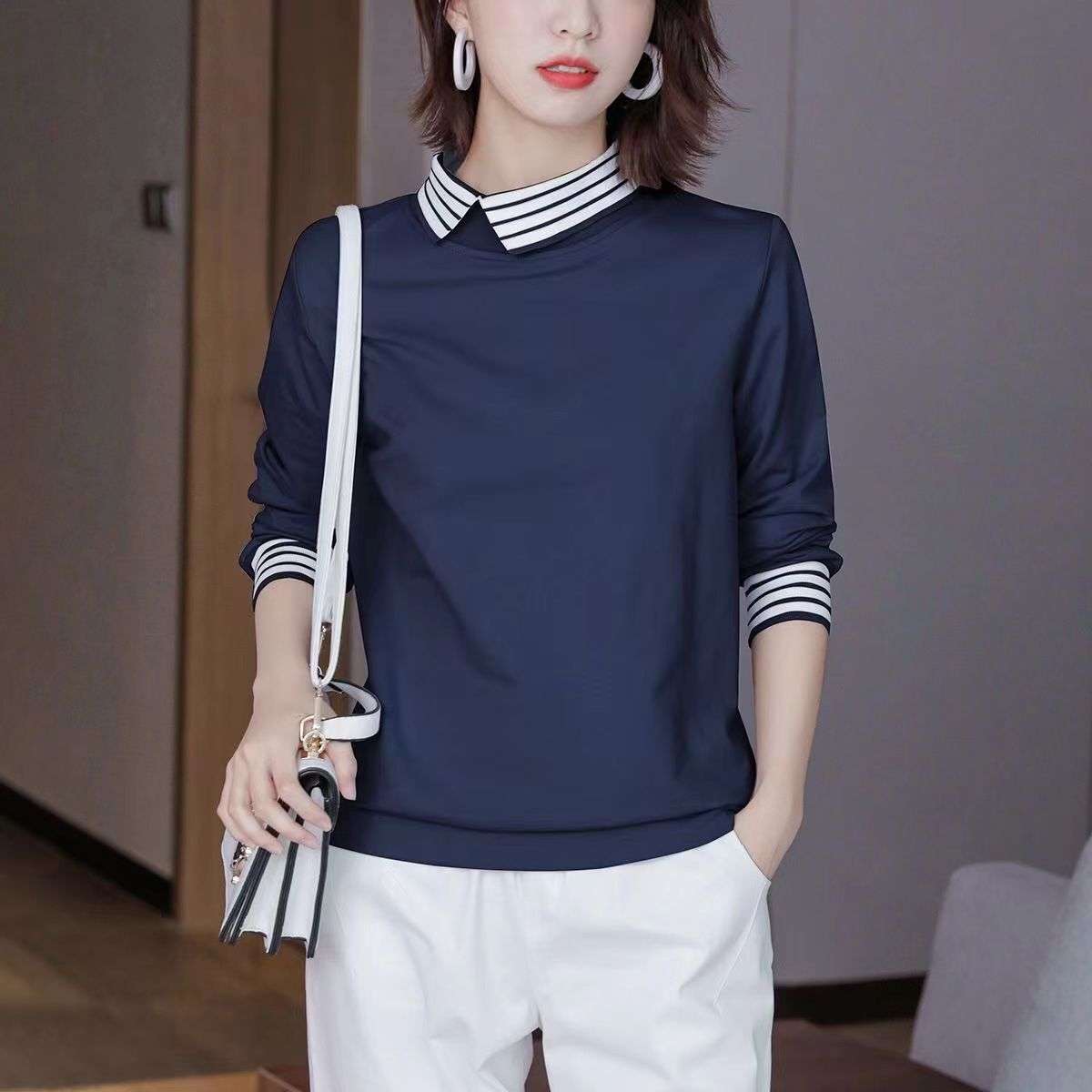モダンストライプ襟デザイン長袖トップス ボーダー服