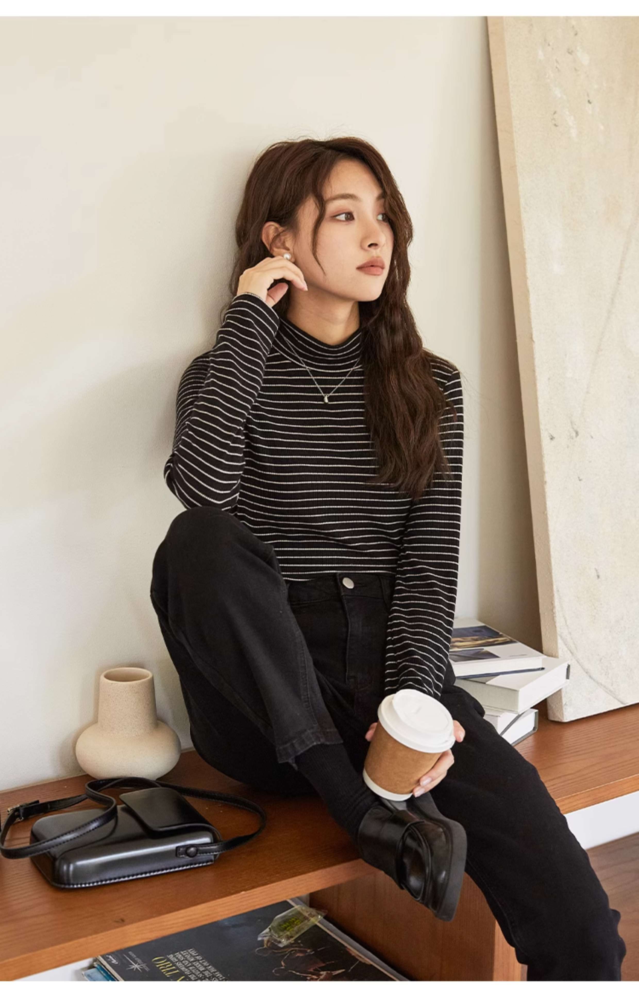 スリムフィットボーダータートルネック ボーダー服
