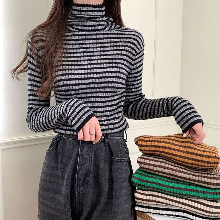 リブニット ボーダー タートルネック トップス ボーダー服