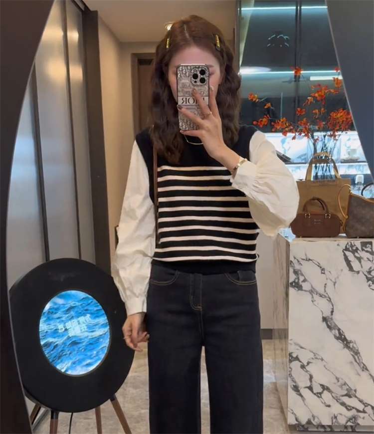バルーン袖ボーダーニットベストシャツ ボーダー服