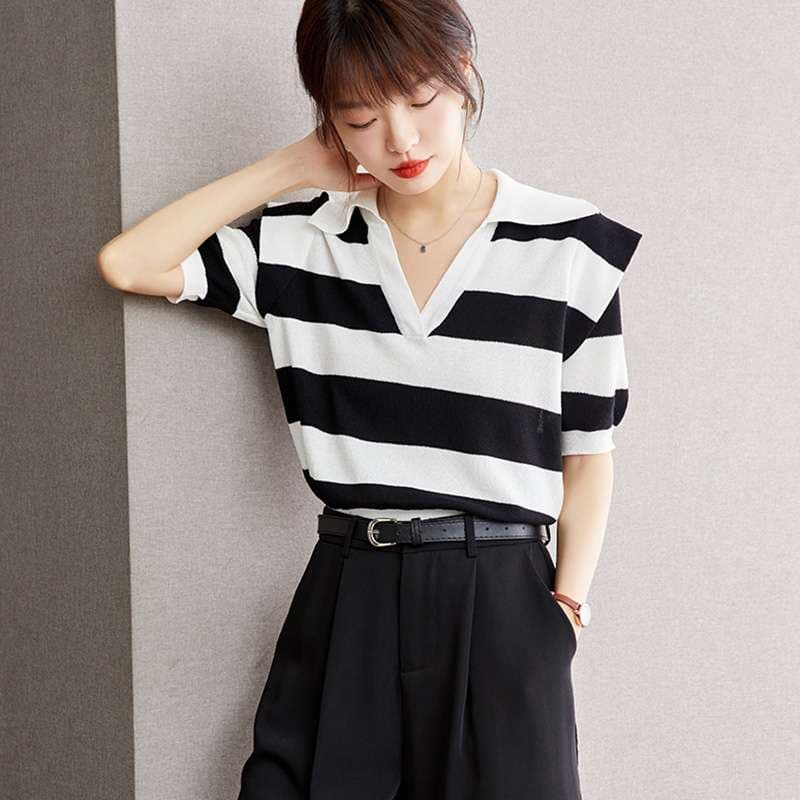 シンプル洗練ボーダーニットポロシャツ ボーダー服