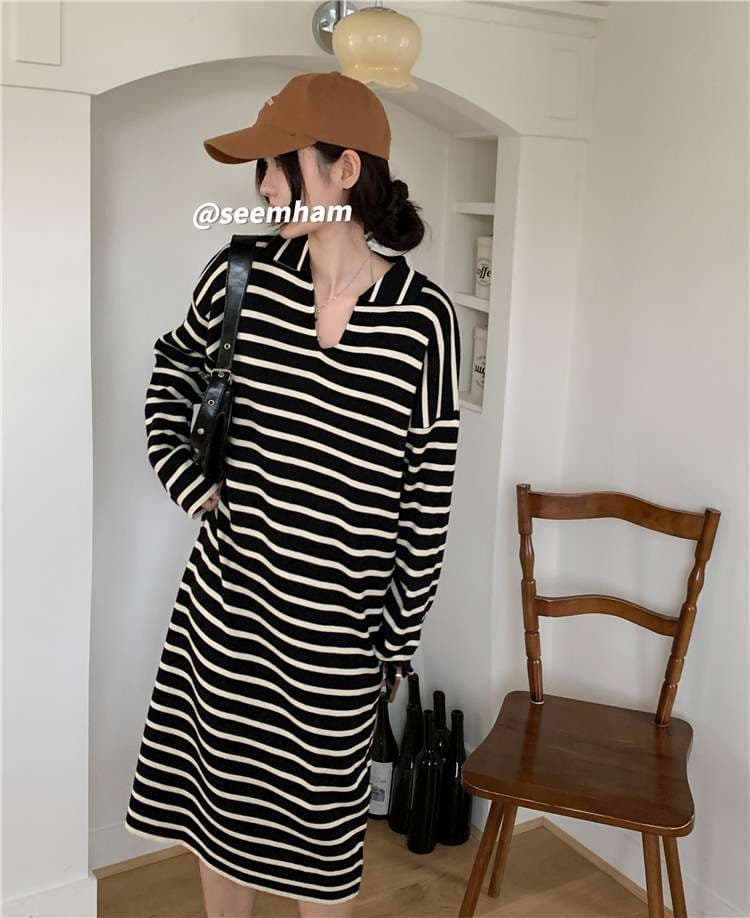 オーバーサイズVネックボーダーワンピース ボーダー服
