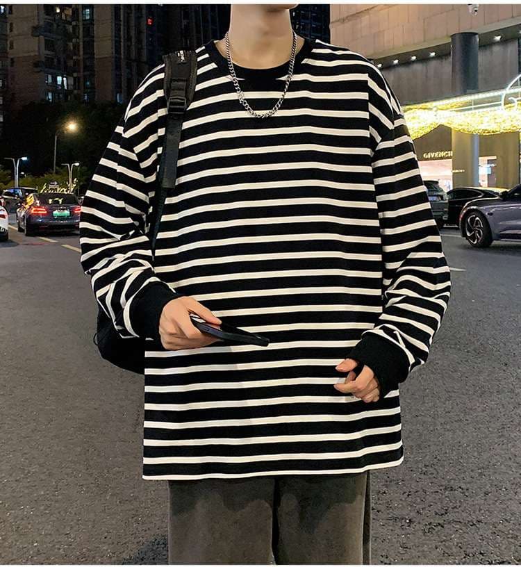 ゆったりオーバーサイズボーダーロングTシャツ ボーダー服