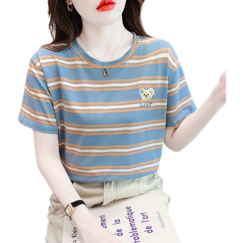 クマ刺繍入りボーダーゆるTシャツ ボーダー服