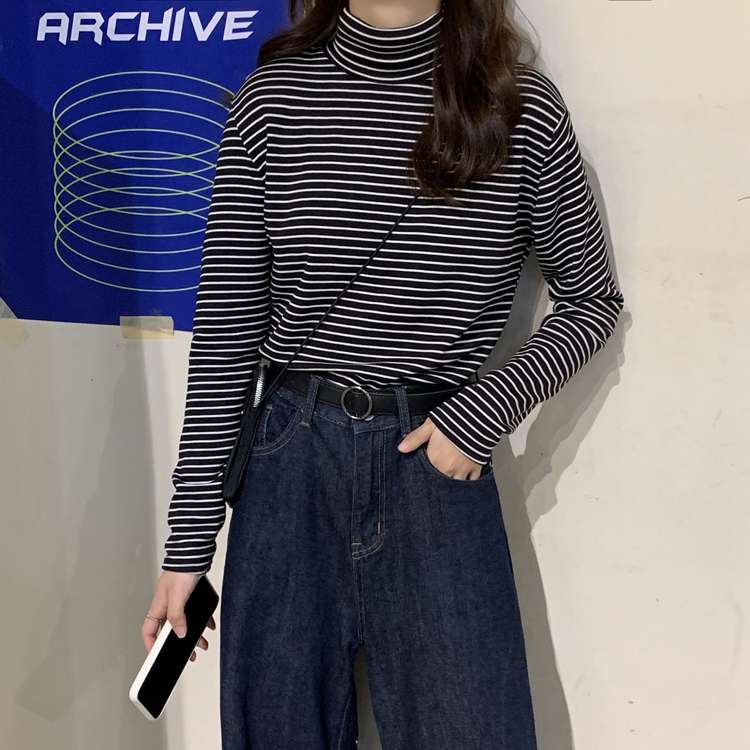 シンプルボーダータートルネック長袖トップス ボーダー服