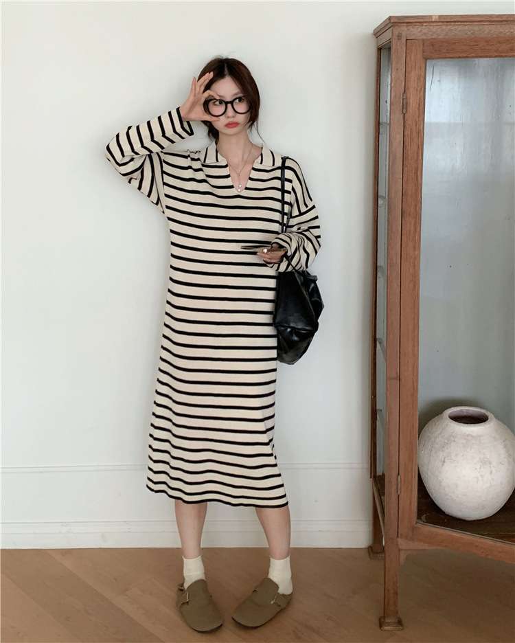 オーバーサイズVネックボーダーワンピース ボーダー服