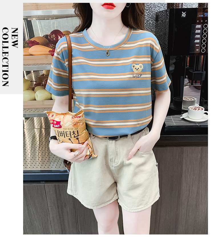クマ刺繍入りボーダーゆるTシャツ ボーダー服