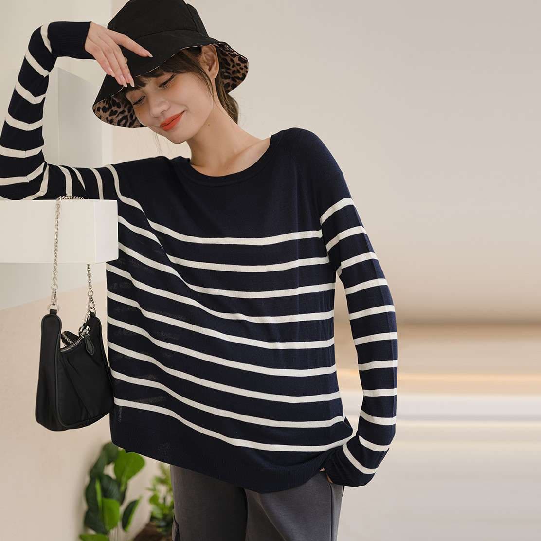 シンプルボーダーニットプルオーバー ボーダー服