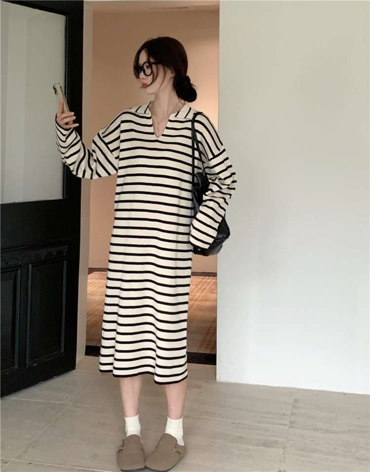 オーバーサイズVネックボーダーワンピース ボーダー服