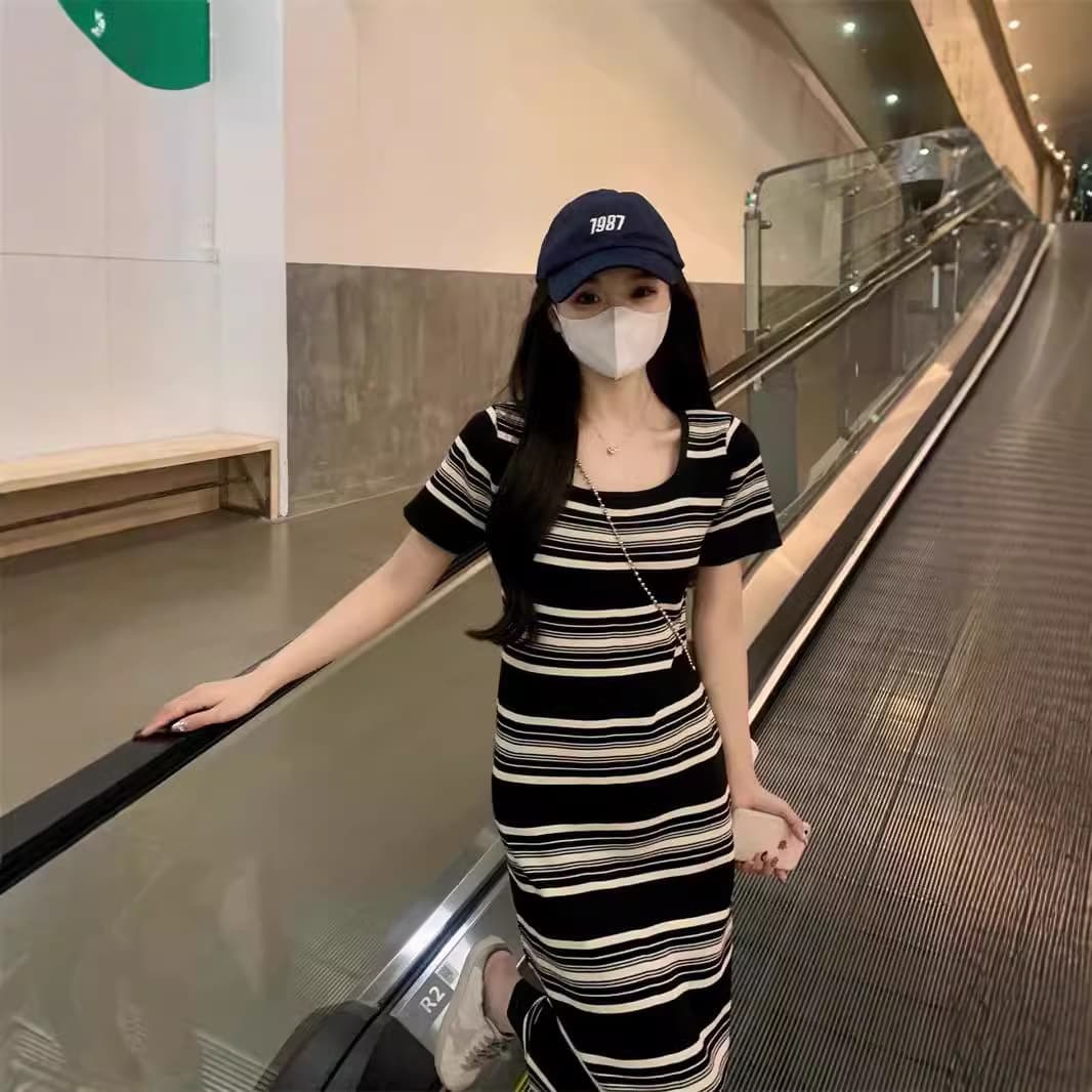 ボーダー服 優美ラインボーダーニットワンピース