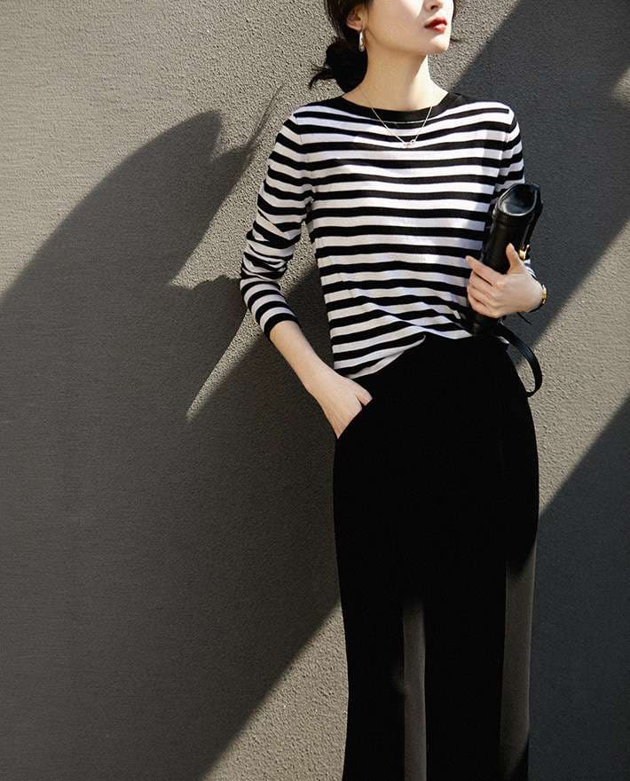 シンプルボーダーリブロングスリーブ ボーダー服