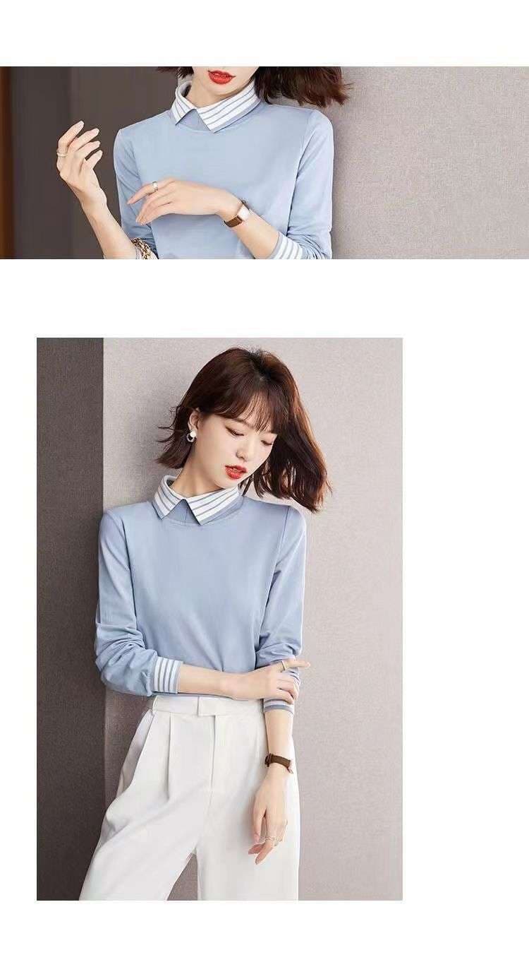モダンストライプ襟デザイン長袖トップス ボーダー服