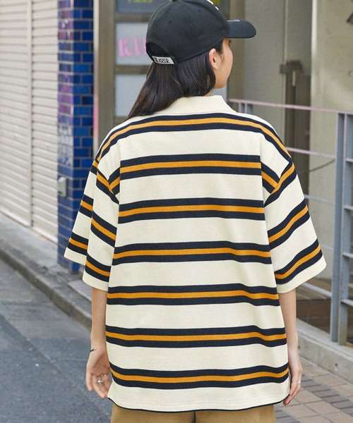 レトロ風ボーダーオーバーサイズポロシャツ ボーダー服