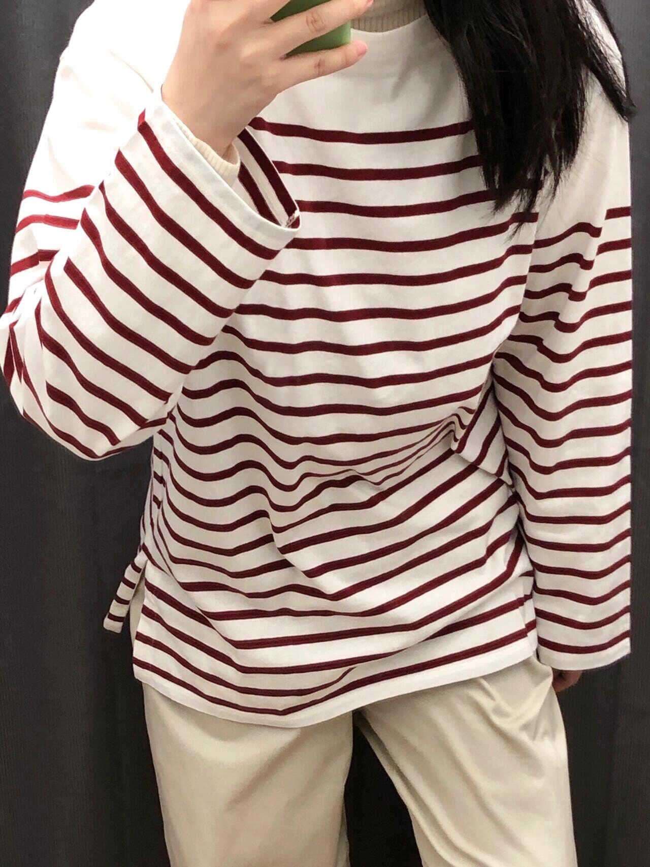 ゆったりボーダー柄モックネックプルオーバー ボーダー服