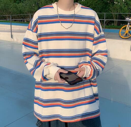 ボーダー服 Tシャツ 秋冬メンズ長袖ボーダーティーシャツゆったりオーバーサイズ