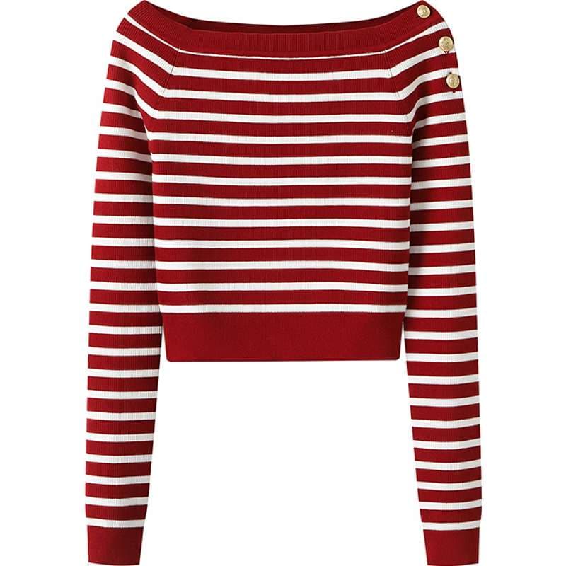 ボタン付きオフショルダーボーダーニット ボーダー服