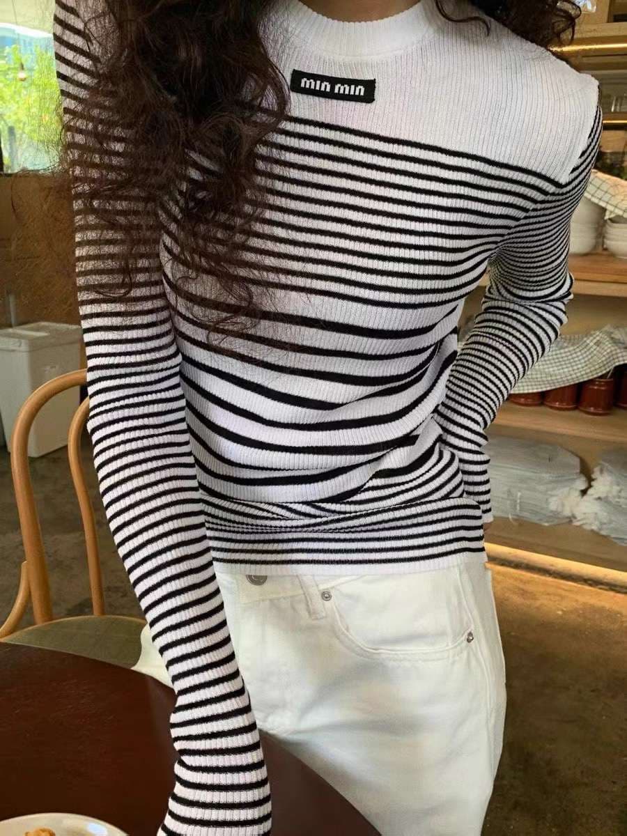 ボーダーストライプ柄リブニットトップス ボーダー服