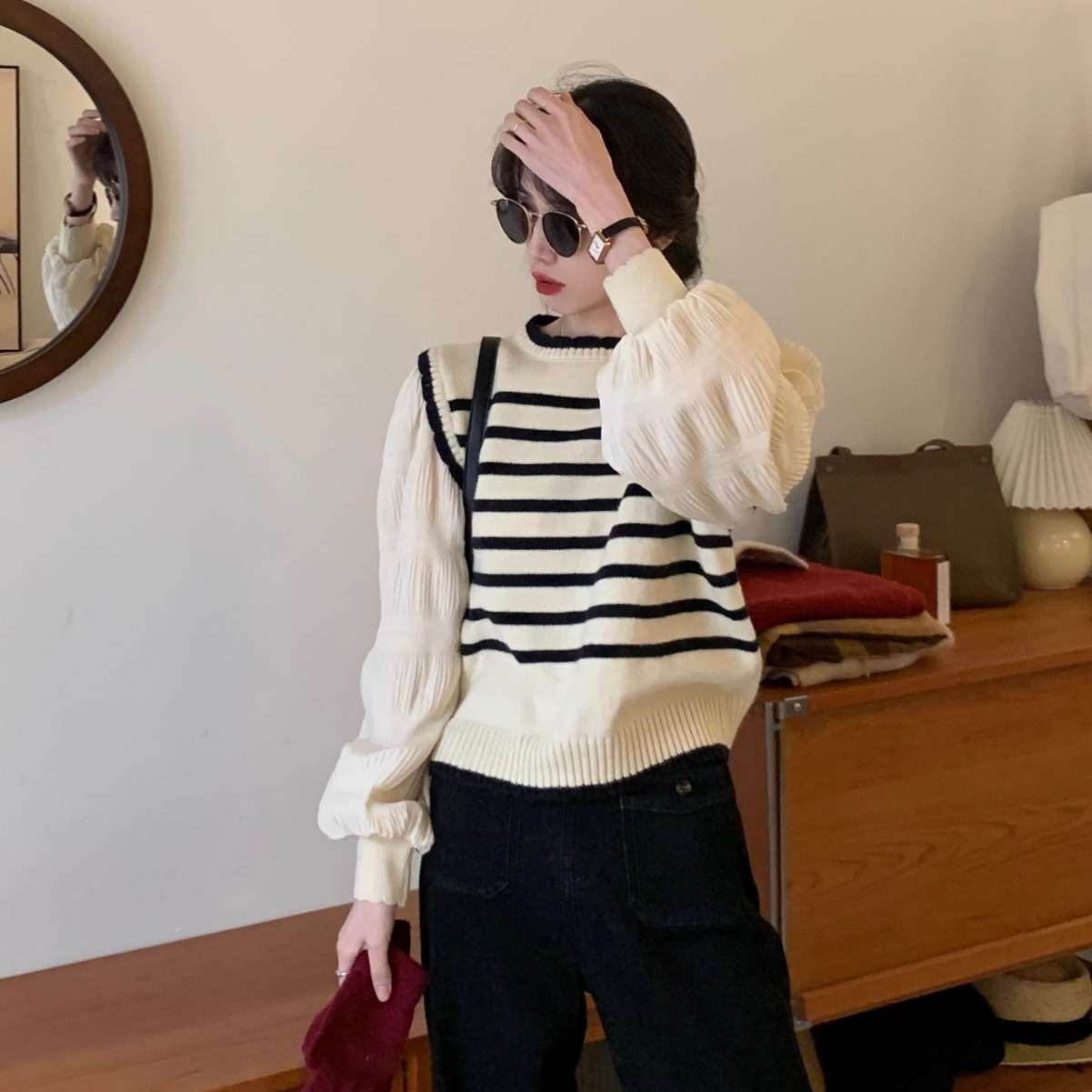 パフスリーブボーダーニット ボーダー服