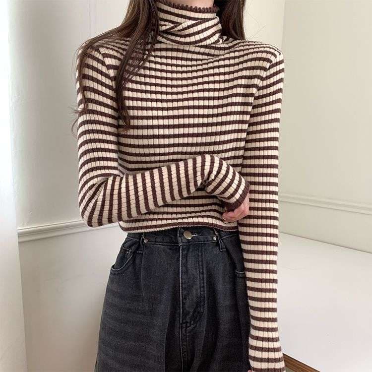 リブニット ボーダー タートルネック トップス ボーダー服