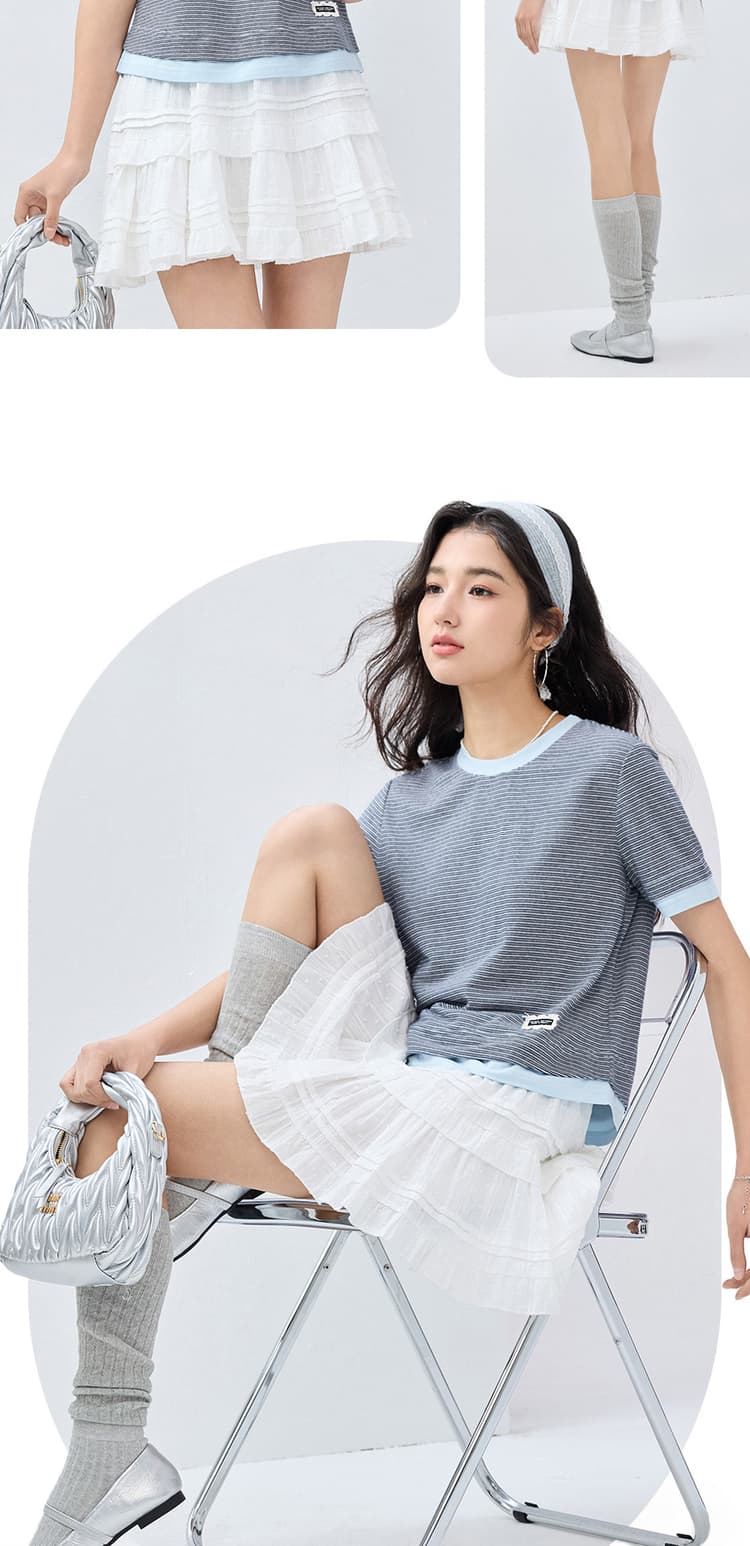 ボーダー服 さわやか細ボーダーゆったりクルーネック半袖