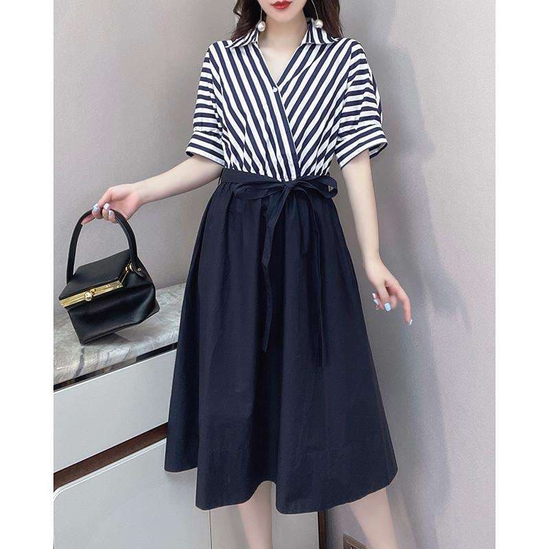 ストライプ柄ラップ風シャツワンピース ボーダー服