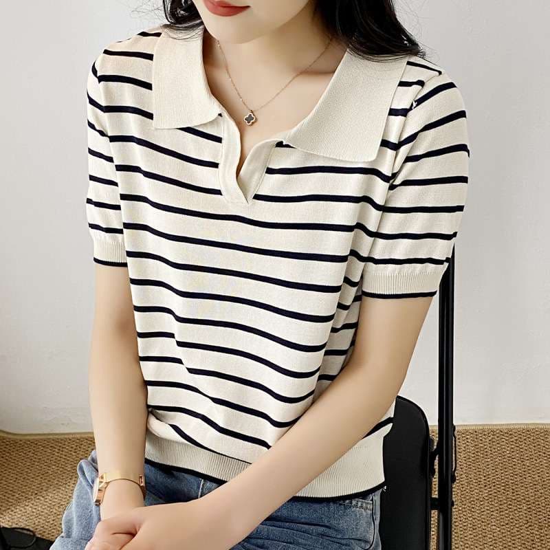 シンプル上品 夏のマリンスタイルポロシャツ ボーダー服