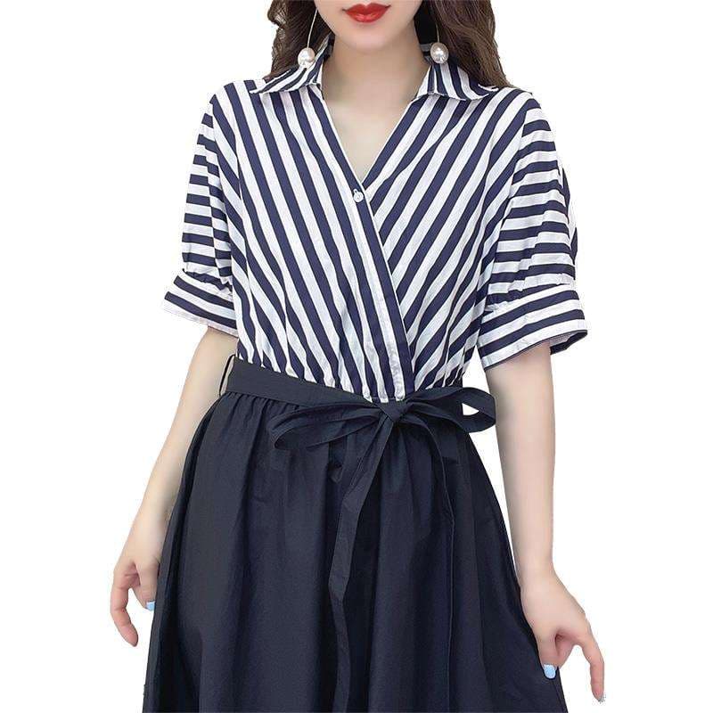 ストライプ柄ラップ風シャツワンピース ボーダー服