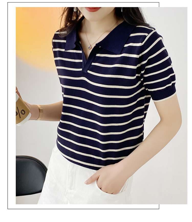 シンプル上品 夏のマリンスタイルポロシャツ ボーダー服