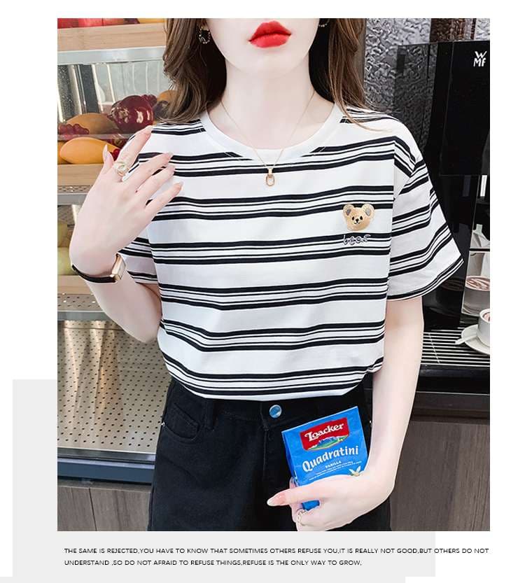 クマ刺繍入りボーダーゆるTシャツ ボーダー服