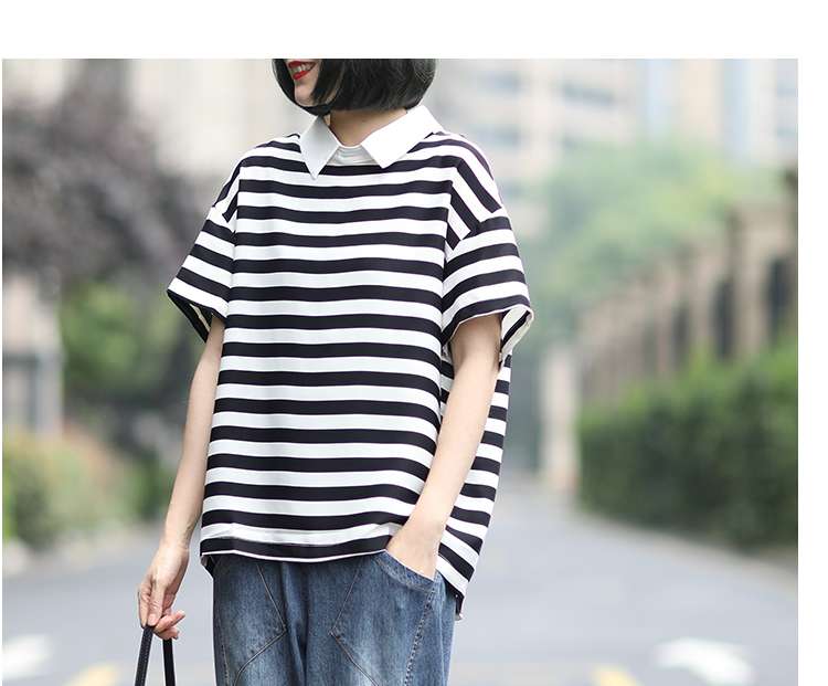 オーバーサイズポロカラーボーダートップス ボーダー服
