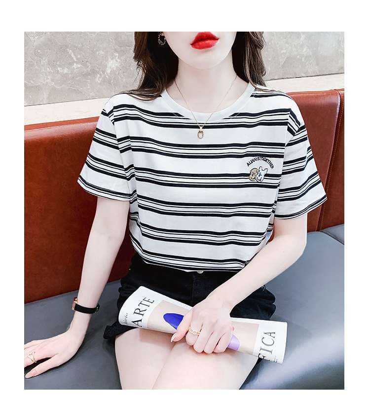 クマ刺繍入りボーダーゆるTシャツ ボーダー服
