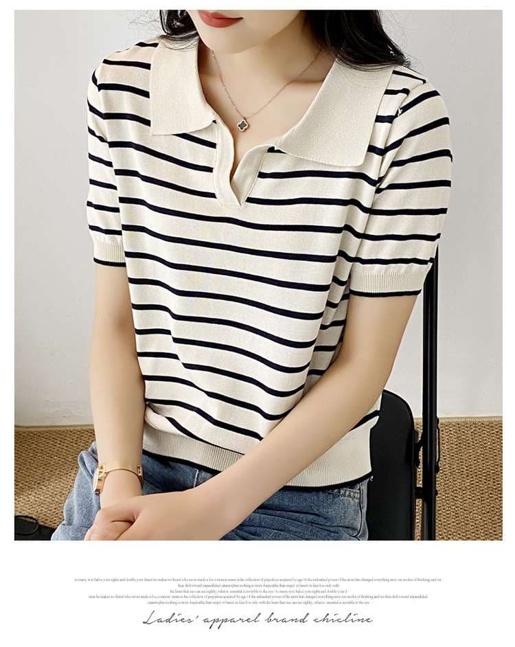 シンプル上品 夏のマリンスタイルポロシャツ ボーダー服