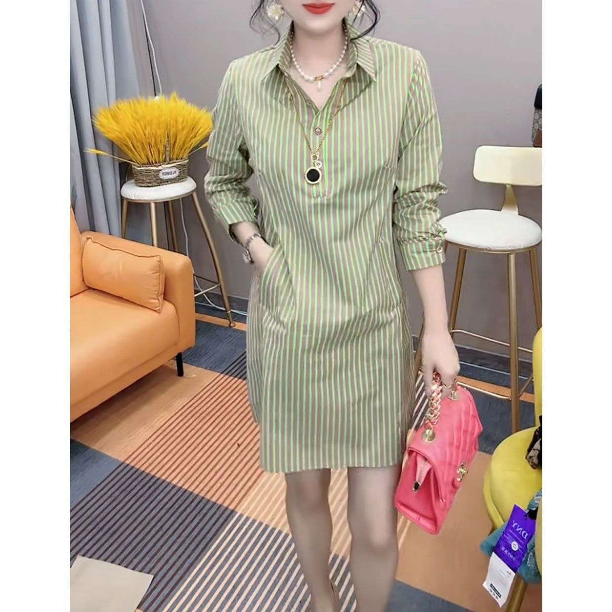 ストライプ柄シャツワンピース ボーダー服