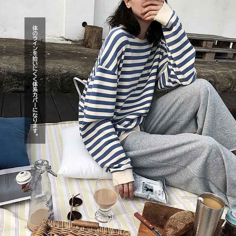 ボーダー服 レディース ボーダー 長袖 プルオーバー カットソー 黒ブルー
