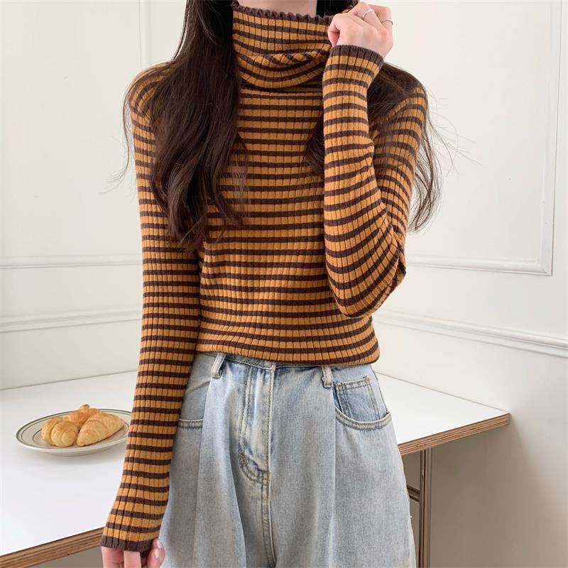 リブニット ボーダー タートルネック トップス ボーダー服