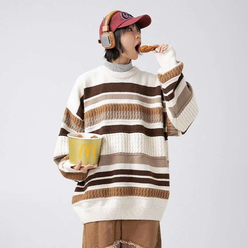 マルチボーダー柄ゆったりニットセーター ボーダー服