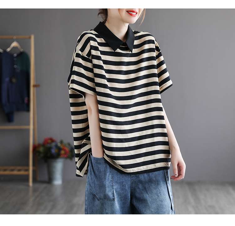 オーバーサイズポロカラーボーダートップス ボーダー服