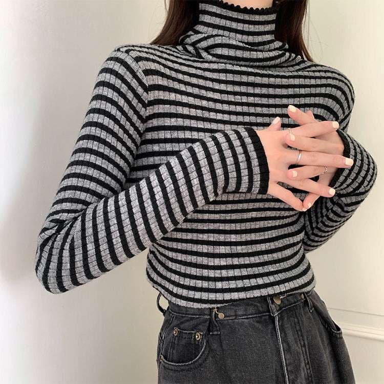 リブニット ボーダー タートルネック トップス ボーダー服
