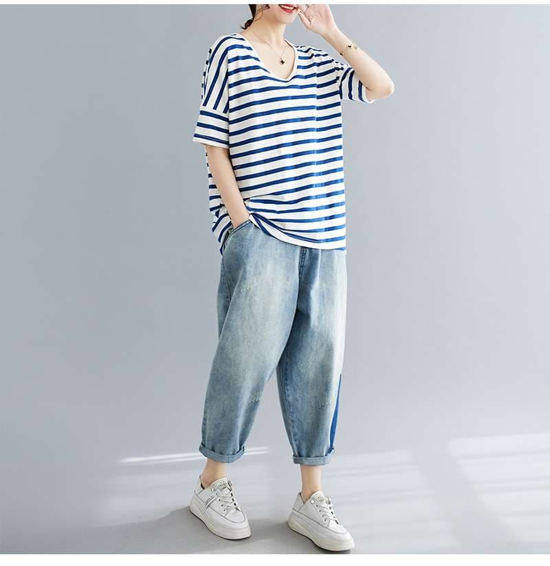 ゆったりVネックボーダーTシャツ ボーダー服