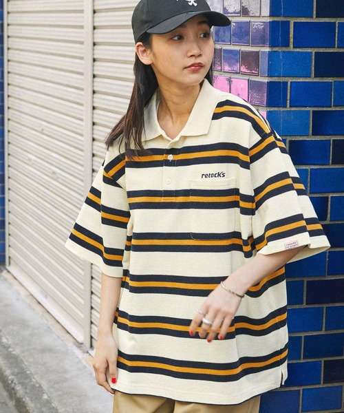 レトロ風ボーダーオーバーサイズポロシャツ ボーダー服
